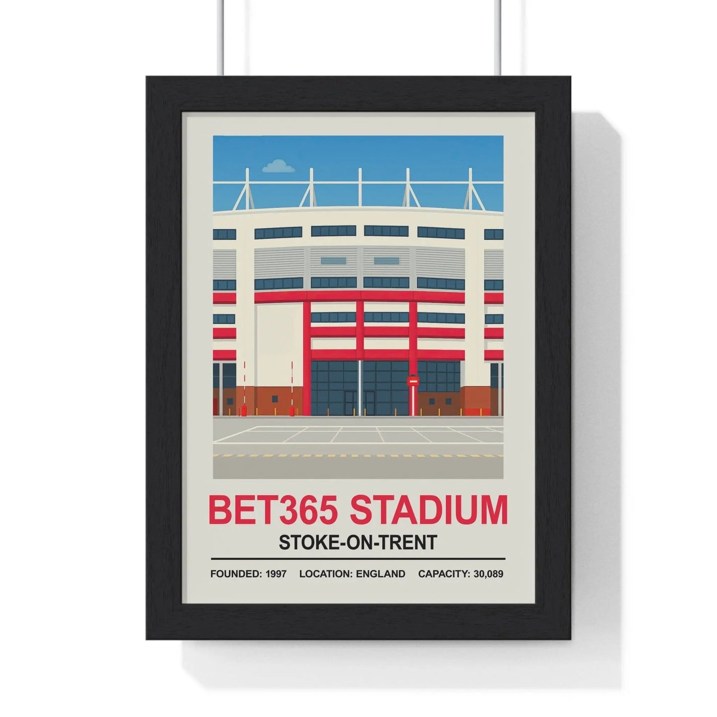 Framed poster of Bet365 Stadium with red and blue colors on a white background