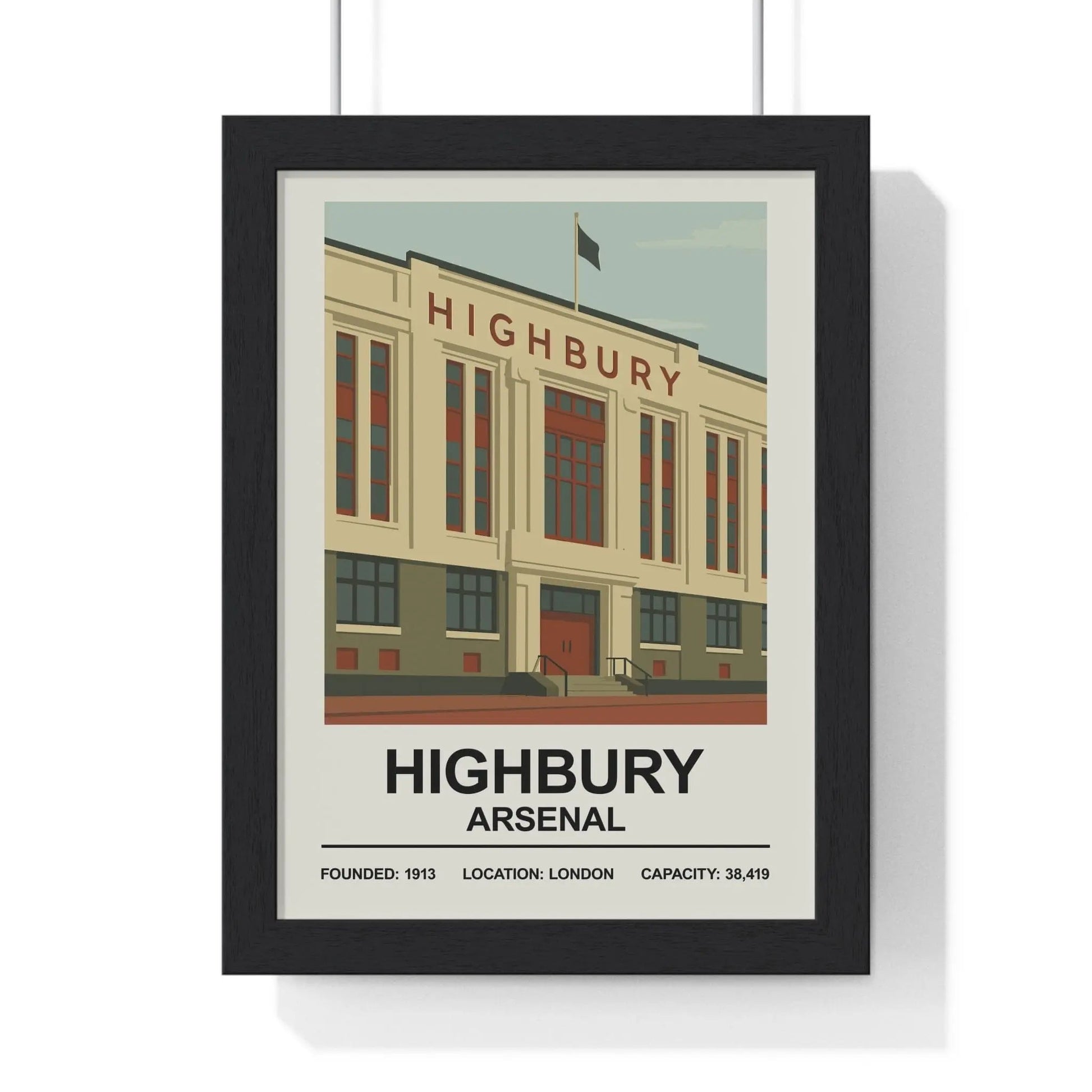 Framed poster of Highbury Arsenal with building illustration and text.