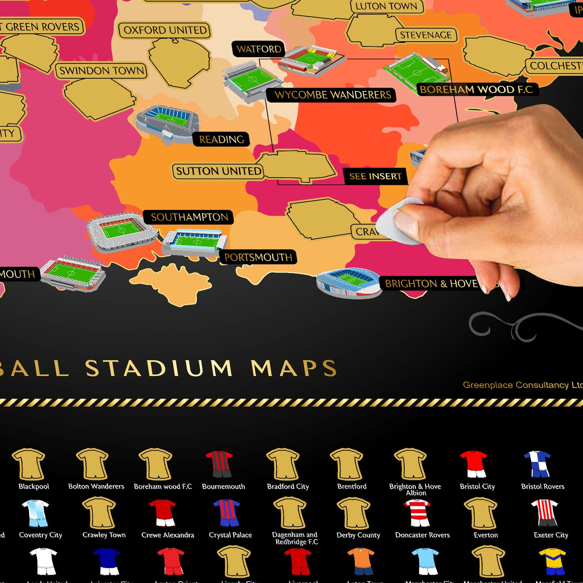 Map of England with football stadium locations and a hand holding a scratch pelctrum removing Brighton's ground.