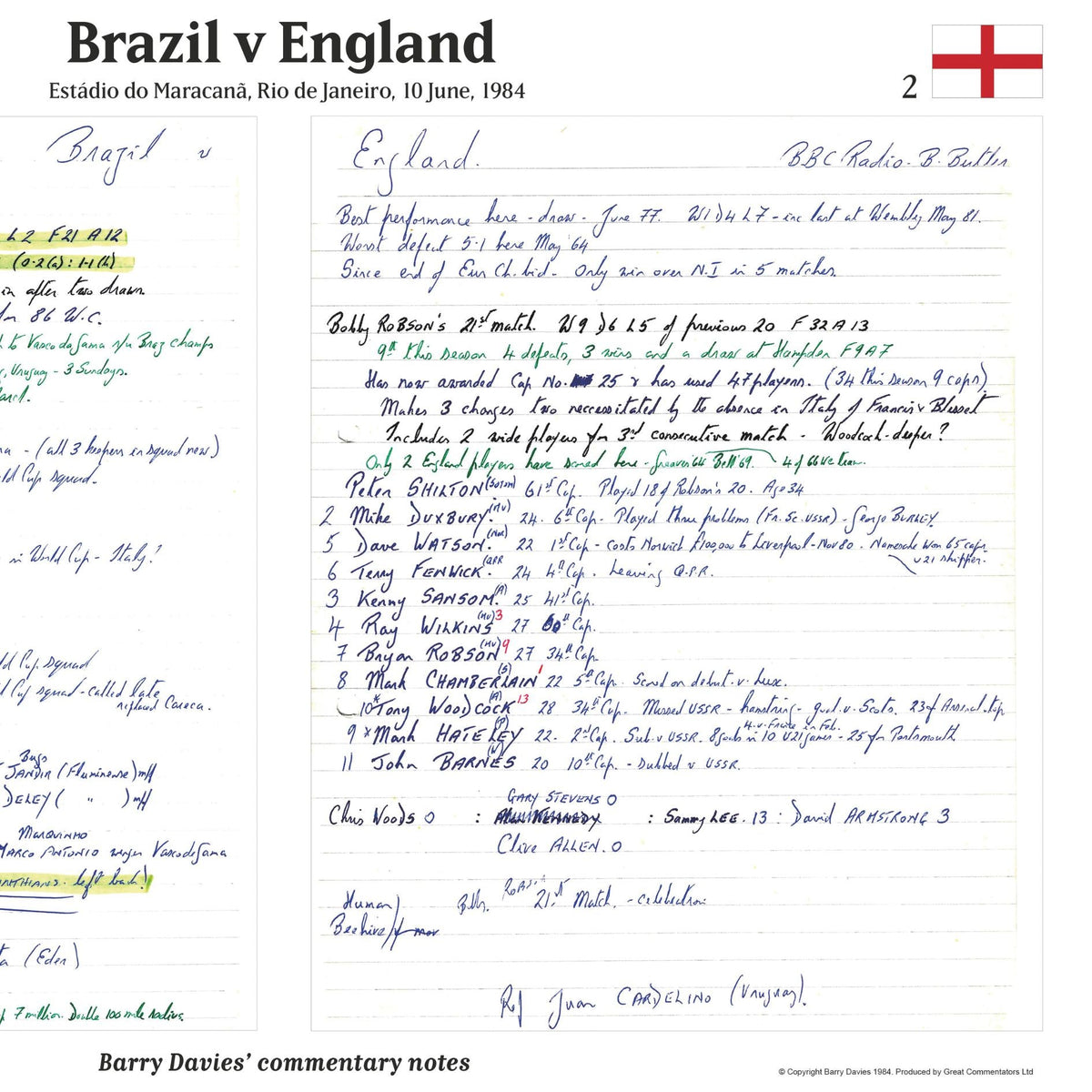 FOOTBALL Brazil v England, Estádio Maracanã, Rio de Janeiro, 10 June, 1984 . Barry Davies